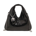 Detail of black glossy leather bag with silver chain strap and heart charm - Black