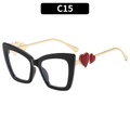 Cat eye glasses with black frames, gold metal temples and two red hearts decoration - Black Frame Red Heart Clear Lens