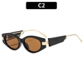 Occhiali da sole ovali retro cat-eye con montatura nera, lenti marroni e aste in metallo oro - Montatura Nera Lenti Tè