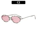 Elegant silver metal oval sunglasses with pink lenses and rhinestone-encrusted frames - Silver Frame Pink Lens (C2)