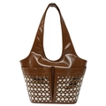 Brown PU leather shoulder bag with silver studs and front pockets on white background - Brown