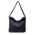 Dunkelblaue gewaschene Denim Hobo-Tasche mit Vintage-Nieten und Kettenriemen-Detail - Hellblau