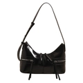 Chic black patent leather crescent shoulder bag with dual decorative front zippers - Black