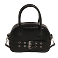 Minimalist black glossy handbag with silver buckles and dual handles for women - Black