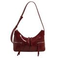 Deep red patent leather dumpling bag with symmetrical zippers and curved crescent shape - Brown