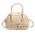 Creamy white Boston handbag with silver buckle belt design and adjustable strap - White
