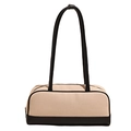 Borsa Boston minimalista in tela beige e pelle nera con lunghi manici a spalla - Nero
