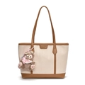 Schicke Farbblock Handtasche, beige-braune PU Leder Umhängetasche mit süßem Plüschanhänger. - Mit Anhänger / Weiß und Khaki