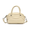 Beige litchi textured Boston bag with wavy zipper detail and adjustable strap - White