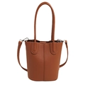 Caramel brown bucket bag with lychee texture featuring top handle and long shoulder strap - Brown