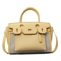 Minimalist bicolor square handbag in yellow leather and grey canvas with top handle - Yellow