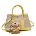 Yellow and beige contrast bucket tote with leather handles and teddy bear charm - Yellow Large With Plush Puppy