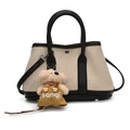 Canvas and black leather bucket bag with a cute teddy bear charm and strap - Black Large With Plush Puppy