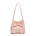 Beige straw tote bag with a decorative pink leather bow and matching shoulder strap - Pink
