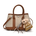 Brown and beige patchwork tote bucket bag with bear charm and long shoulder strap - Brown Large With Plush Puppy