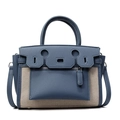 Stylish colorblock canvas leather handbag for women, retro versatile commuting shoulder bag. - Blue