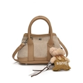 Beige canvas and brown leather bucket bag with a cute plush bear charm accessory - Khaki Small With Plush Puppy