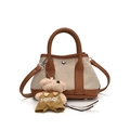 Brown and beige canvas bucket bag with leather trim and cute bear keychain charm - Brown Small With Plush Puppy