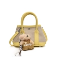 Stylish yellow and beige canvas bucket bag with stitching and cute bear charm - Yellow Small With Plush Puppy