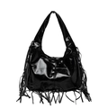 Glossy black hobo shoulder bag with bohemian long tassels and polished finish - Black