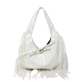 Chic white bohemian shoulder bag featuring fringe details and a delicate ribbon bow - White