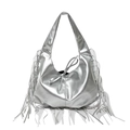 Silver metallic crescent hobo bag with fringe details and comfortable wide shoulder strap - Silver