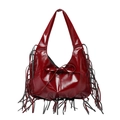 Sac hobo rétro bordeaux à franges avec détails de nœud et finition brillante élégante - Rouge