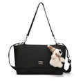 Minimalist black pebbled leather satchel with silver twist lock and plush bear charm - Black Large (With Westie Charm)