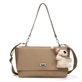 Minimalist khaki leather tote bag with silver rotary lock and white plush bear charm - Khaki Large (With Westie Charm)