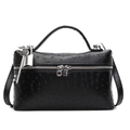 Chic black ostrich-patterned crossbody box bag with silver hardware and top handle - With Pendant / Black