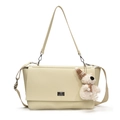Minimalist creamy white leather tote bag with silver buckle and plush bear charm - White Large (With Westie Charm)