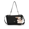 Minimalist black lychee leather crossbody briefcase with silver buckle and bear charm - Black Small (With Westie Charm)