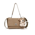 Minimalist khaki leather shoulder bag with rotating silver lock and bear pendant charm - Khaki Small (With Westie Charm)