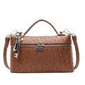 Brown ostrich texture small square handbag with silver zipper and leather shoulder strap - With Pendant / Brown