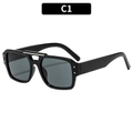 Classic C1 black pilot sunglasses with double bridge metal bars and silver stud details - Black Frame Grey Lens