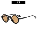 Retro round frame sunglasses with polished black frames and amber lenses, model C3 - Black Frame Tea Lens