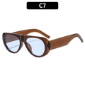 Oval retro sunglasses with transparent tea brown frame and light blue lenses, model C7 - C7-Brown Frame Blue Lens