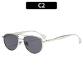Silberne Doppelsteg-Oval-Sonnenbrille mit dunkelgrauen Gläsern im C2-Stil für Unisex - Silberner Rahmen Graue Gläser