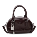 Sac Boston rétro marron foncé en cuir brillant avec pendentif décoratif serrure argentée - Sans Pendentif / Café
