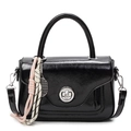 Glossy black oil wax leather chain bag with silver round lock and tennis racket charm - With Pendant / Black