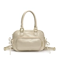 Chic light beige Boston handbag in glossy faux leather with decorative side drawstrings - White