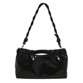 Glossy black patent leather pleated shoulder bag with unique braided rope strap and knot - Black