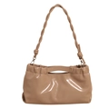 Minimalist beige pleated patent leather handbag with a braided strap and glossy finish - Khaki