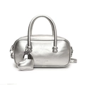 Chic silver metallic bowling handbag with matching heart charm and dual top handles - Silver