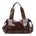 Large dark brown leather tote bag with vintage metal buckles and removable strap - Coffee