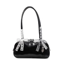 Black patent shoulder bag with white lace bow and heart charm in retro Y2K style - Heart String Charm / Black