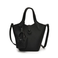 Minimalistische schwarze Leder-Eimertasche mit Lychee-Muster, Doppelgriffen und Mini-Charm - Schwarz