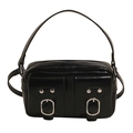 Bolso bandolera de cuero negro brillante con múltiples bolsillos y hebillas de plata - Negro