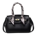 Mini black lychee leather handbag with gold twist lock and stylish silk scarf wrap - Black-Large