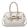 Ivory white lychee pattern mini handbag with decorative silk scarf on handle - Cream-Large